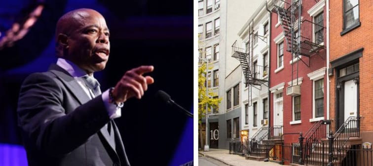 Left: Mayor Eric Adams Right: Row houses in New York City